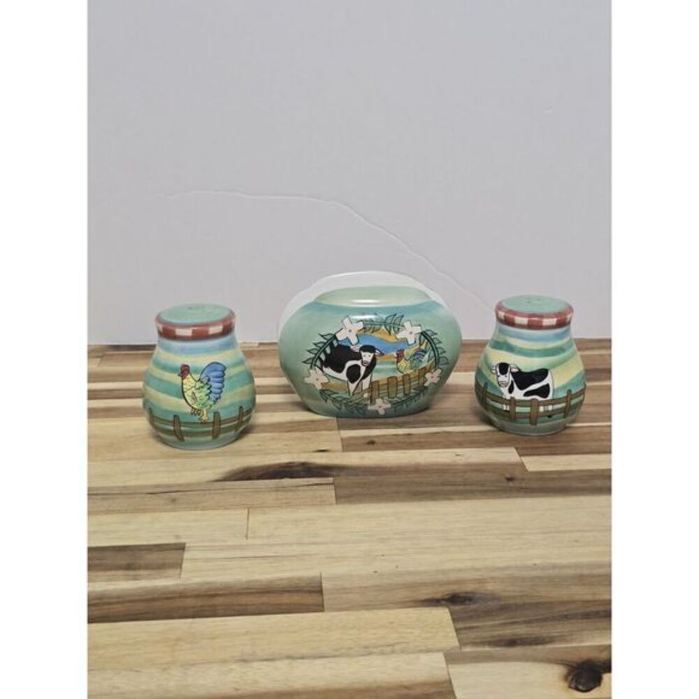 VTG Kitchen Creations Young‎ Farm Salt & Pepper Shaker set w Napkin Holder